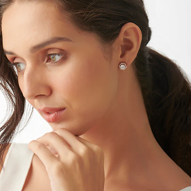 Hexagon Halo Round Diamond Stud Earrings - Image 13