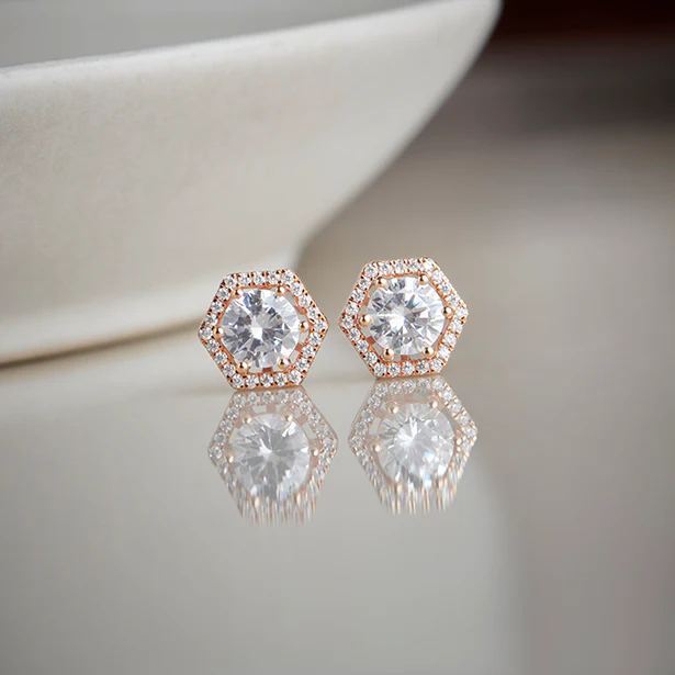 Hexagon Halo Round Diamond Stud Earrings - Image 14
