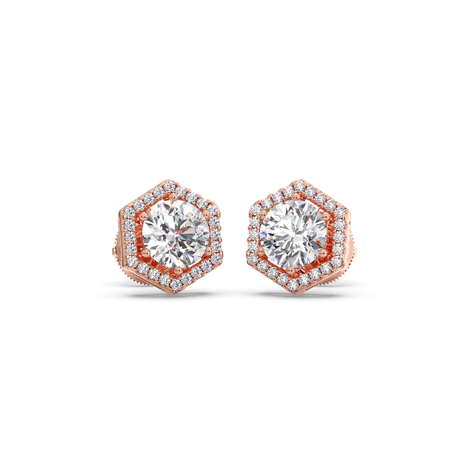 Hexagon Halo Round Diamond Stud Earrings - Image 5