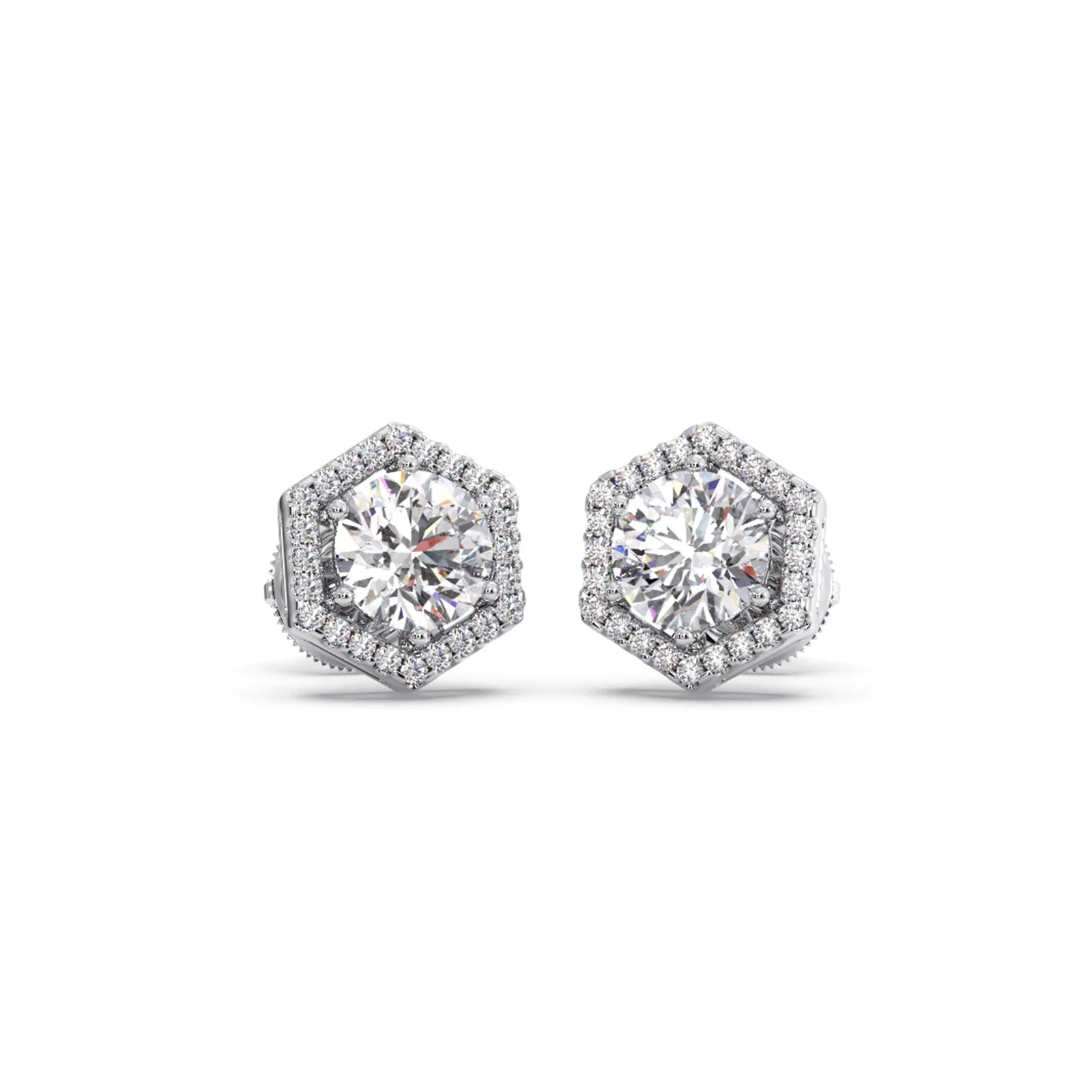 Hexagon Halo Round Diamond Stud Earrings - Image 9